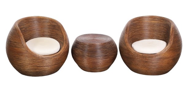 Pair of rattan egg chairs with side table