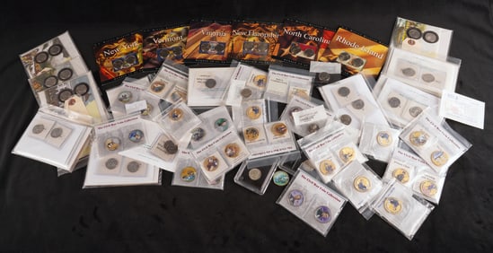 A Collection of State Quarters and Stamps
