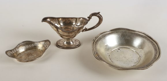 (3) Sterling Sauce Boat, Bon Bon and Ruffled Bowl