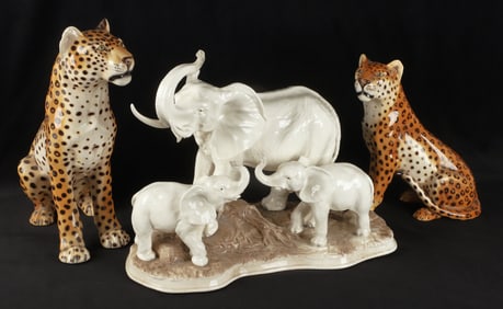 Porcelain Elephant Group and Seated Leopards