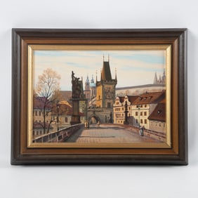 Continental Cityscape Painting with Figures