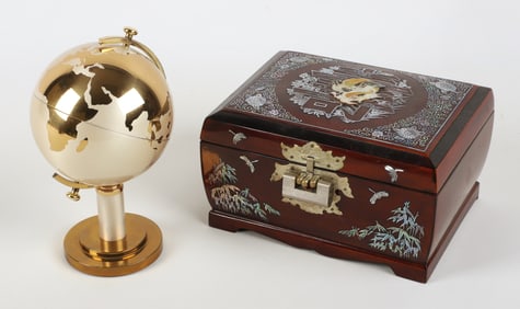 Lacquer jewelry box & globe cigarette dispenser