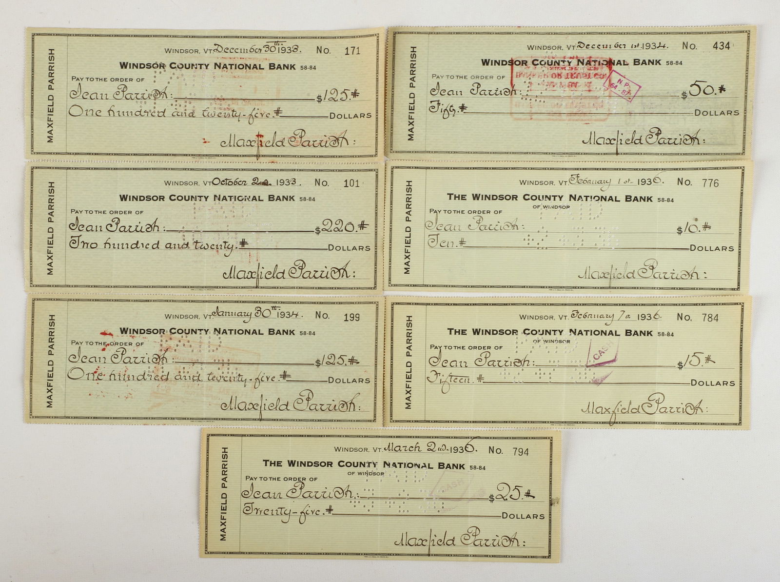 (7) Maxfield Parrish Signed Checks, 1933-1936 (1 of 3)