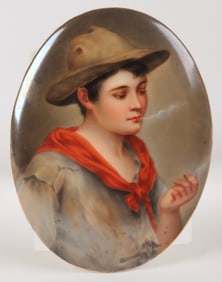 German Porcelain Plaque of a Boy Smoking