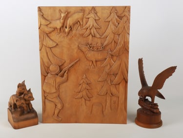 (3) Wood Carved Relief Plaques and Figures