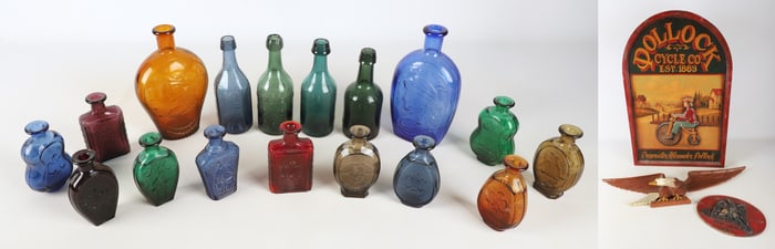 Carved Wood Signs, Glass Bottles, Firemark