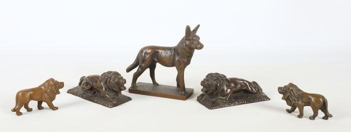 (5) Patinated Metal Dog and Lion Figures