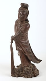 Large carved wood Guanyin figure