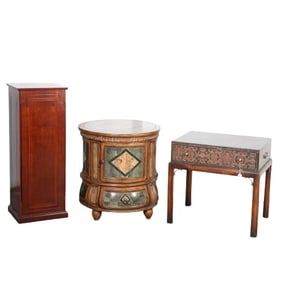 (2) Contemporary side tables, Mahogany finished cabinet