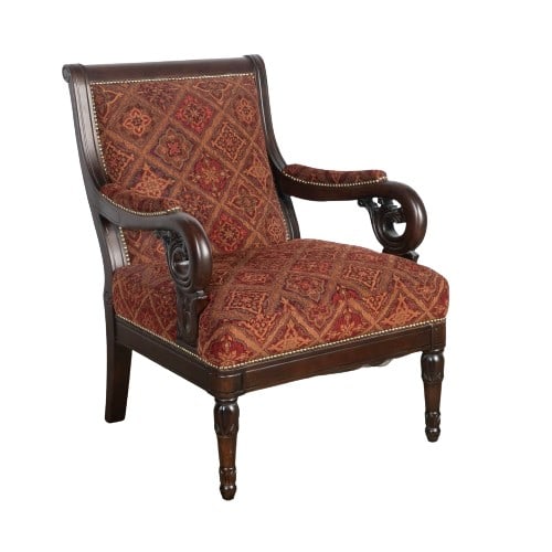 Contemporary mahogany finished upholstered open armchair: Contemporary mahogany finished upholstered open armchair, red decorative tacked upholstery, scrolled arms , tapered legs with carved decoration, 40"h x 29"w x 30"d