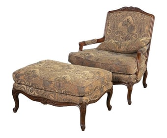 French style walnut finished open armchair w/ ottoman