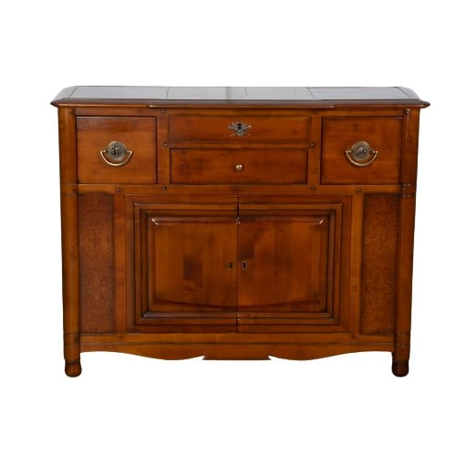 French inlaid buffet: French inlaid buffet, slide out center on top flanked by two faux marble panels over center drawer flanked by two drawers over two doors, 37"h x 47"w x 15"d