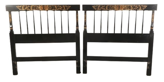 (2) Hitchcock style ebonized stenciled twin size headboards