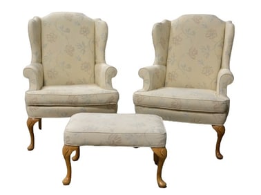 Pair of Sherrill wing chairs with (1) ottoman