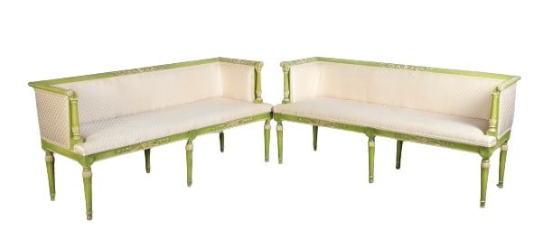 Pair Louis XVI style paint decorated settees