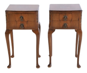 Pair Queen Anne style burled walnut side tables