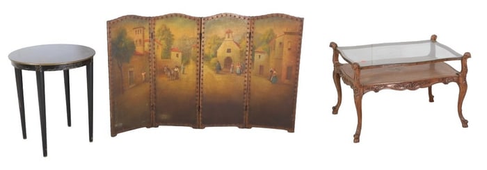 Chinoiserie paint decorated side table, 4-panel tacked leather screen, French style glasstop coffee