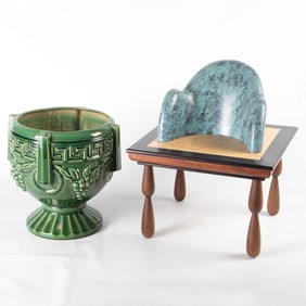 Urn form pottery planter,  Modern Design statue attached to a table