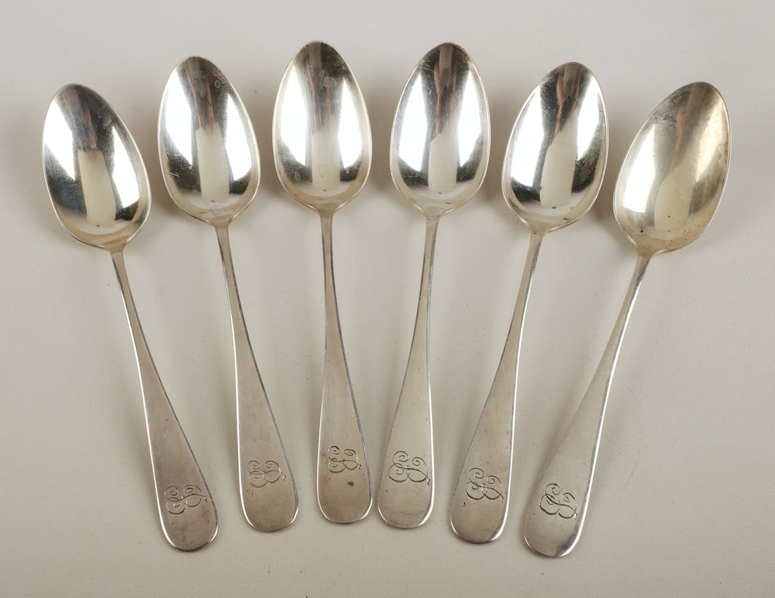 (6) Wallace Silversmiths sterling tablespoons, 7.26 TO: (6) Wallace Silversmiths (RW&S) sterling silver tablespoons, "B" monogram, 7-1/8" l, 7.26 TO
