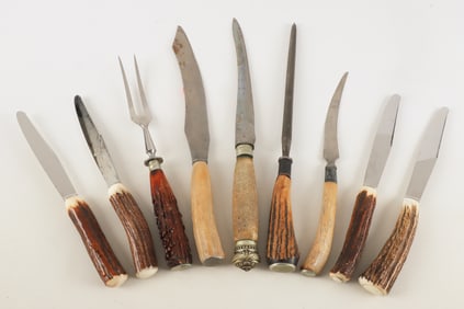 (9) Stag antler handled knives, sharpener & fork