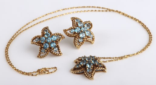 Yellow Gold Blue Topaz Necklace and Earrings