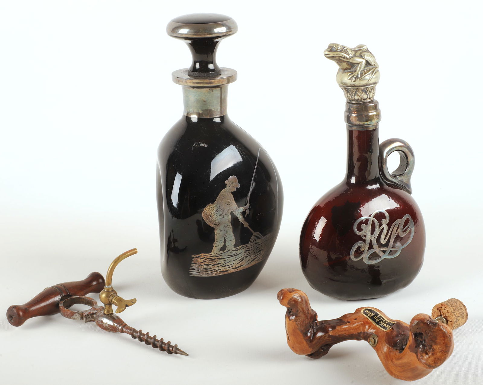 (2) Glass silver resist decanters & bottle openers (1 of 5)