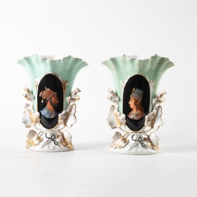 Pair of porcelain portrait fan vases