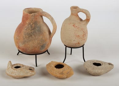 (5) Israeli Oil Lamps and Pottery Jugs