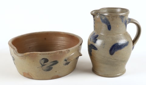 Blue decorated stoneware pitcher & batter bowl