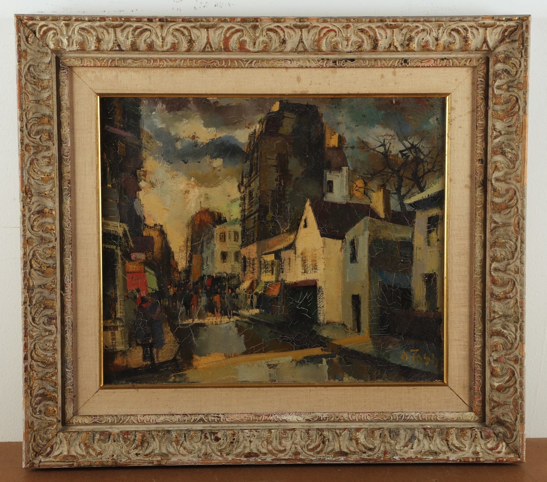 Olivier Foss "Rue des Plantes": Olivier Foss (French-American, 1920-2014) "Rue des Plantes", oil on canvas, signed "O. Foss", 21-3/4" x 18-1/8", framed 27-3/8" x 30-1/4", fair condition, overall craquelure, gesso losses on frame