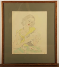 Emlen Etting Drawing "Woman Playing Cards"