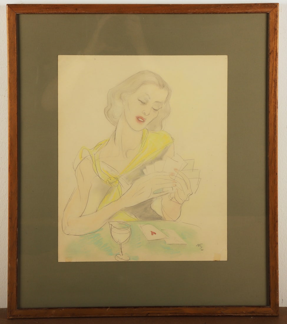 Emlen Etting Drawing "Woman Playing Cards" (1 of 3)