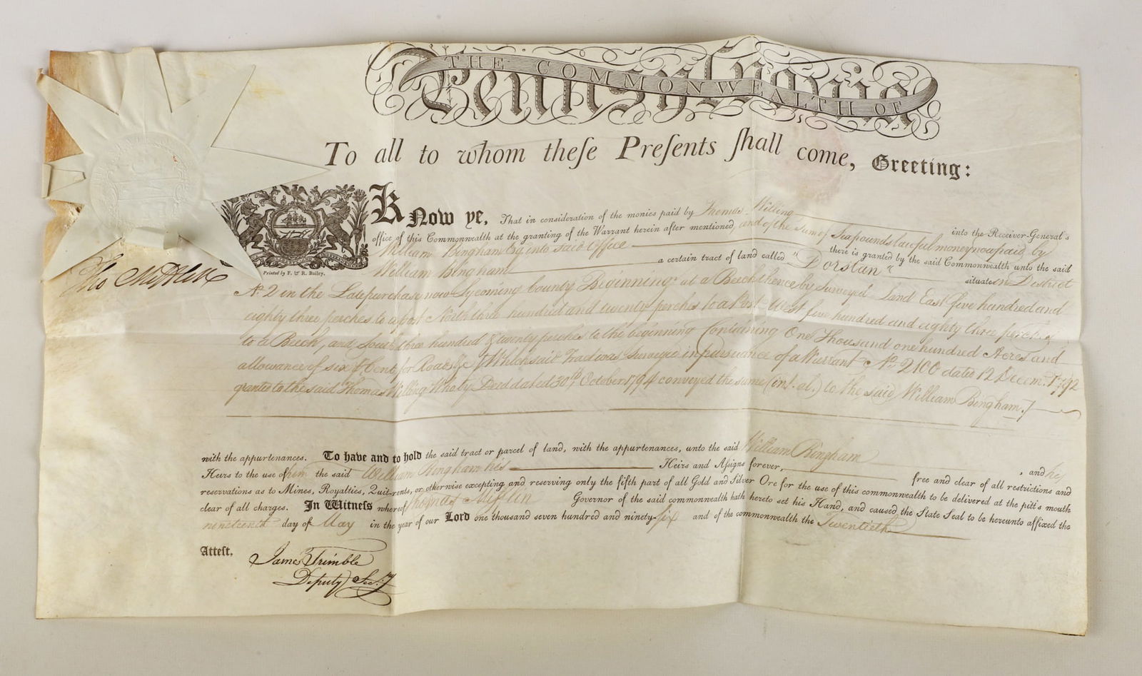 A 1796 Pa. land grant signed by Thomas Mifflin (1 of 4)