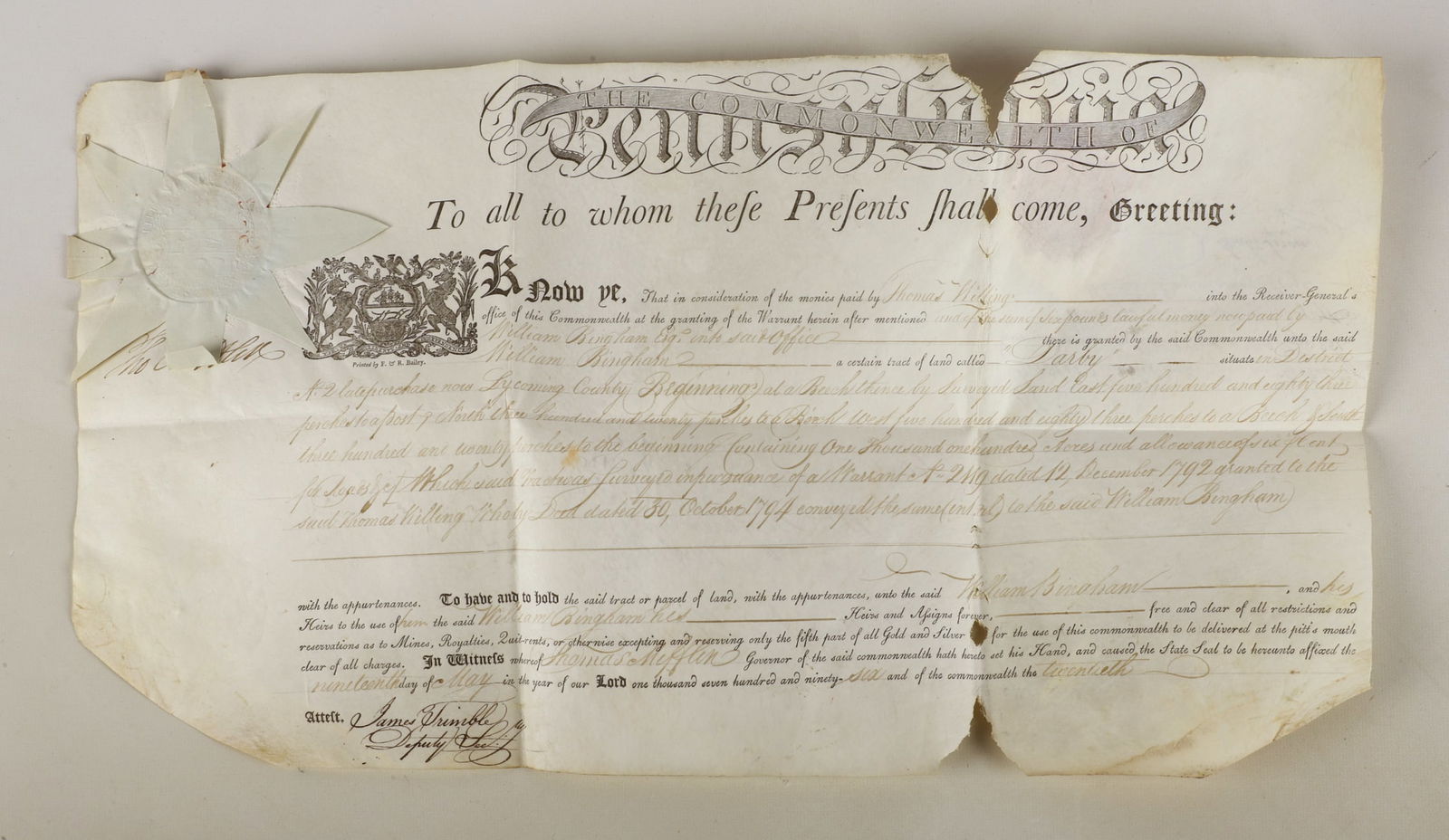 A 1796 Pa. land grant signed by Thomas Mifflin (1 of 5)