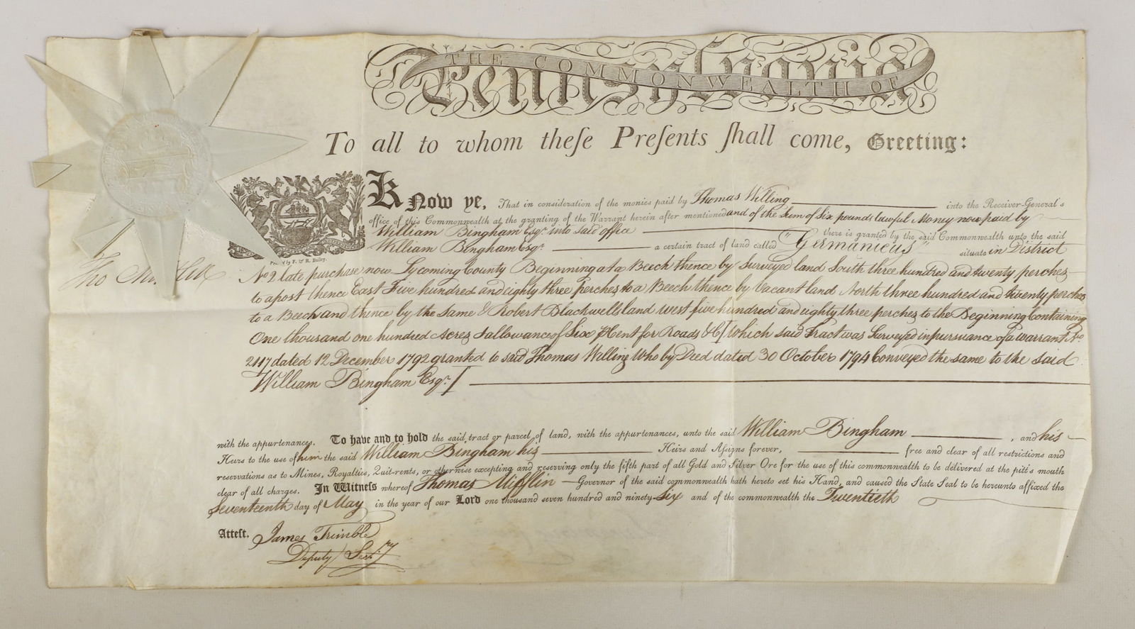 A 1796 Pa. land grant signed by Thomas Mifflin (1 of 4)