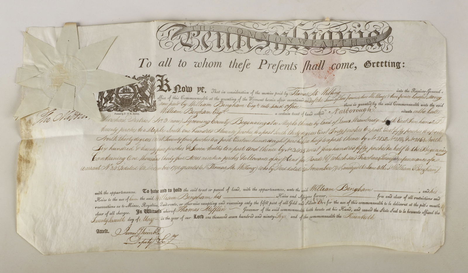 A 1796 Pa. land grant signed by Thomas Mifflin (1 of 4)