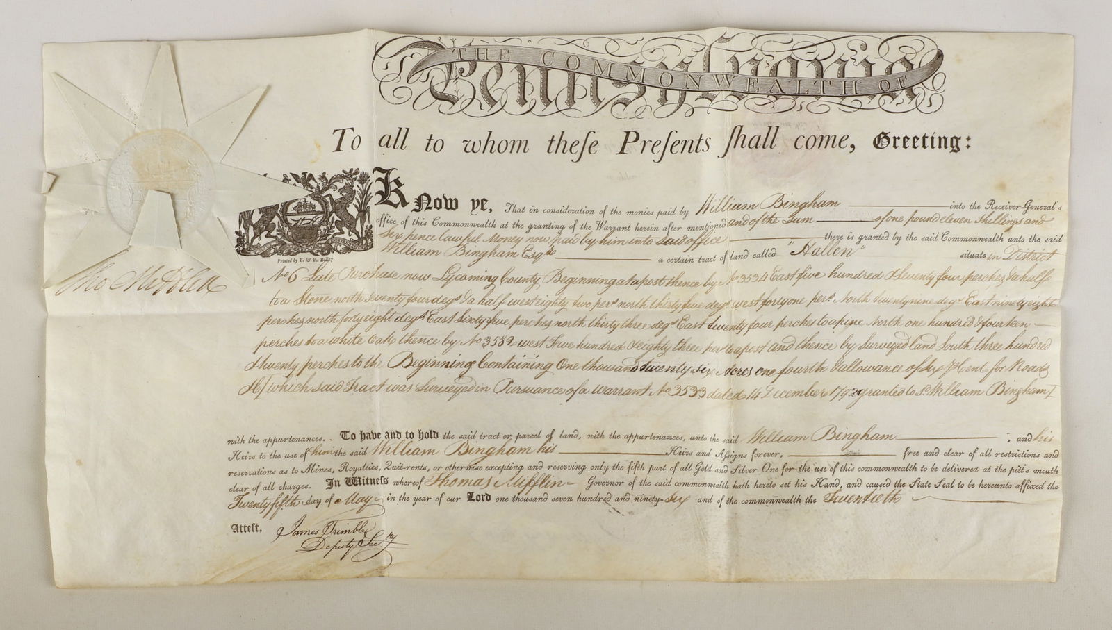 A 1796 Pa. land grant signed by Thomas Mifflin (1 of 4)