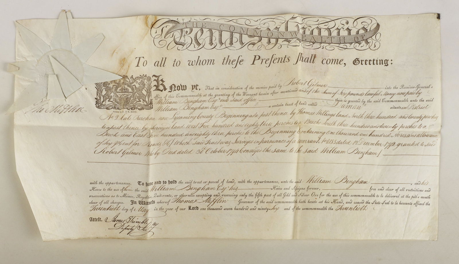 A 1796 Pa. land grant signed by Thomas Mifflin (1 of 5)