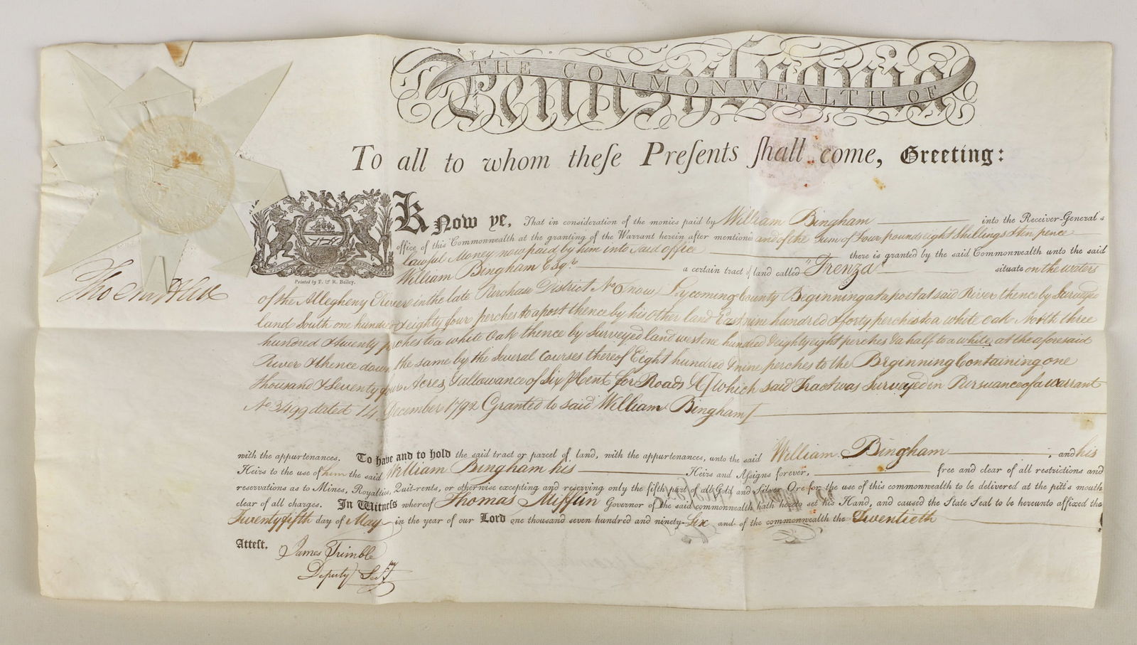A 1796 Pa. land grant signed by Thomas Mifflin (1 of 5)