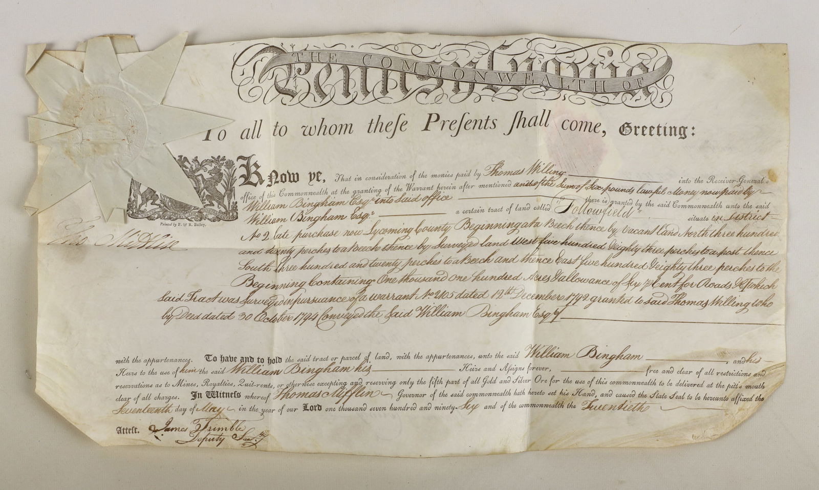 A 1796 Pa. land grant signed by Thomas Mifflin (1 of 5)