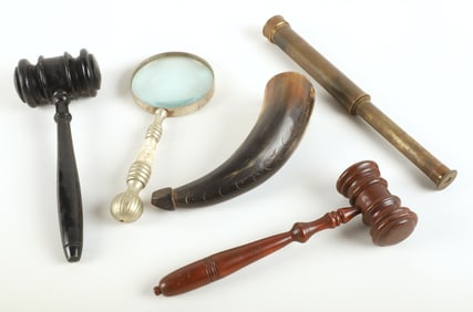 Wood gavel, mag. glass, telescope, powderhorn