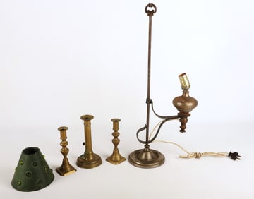 Brass candlesticks & lamp