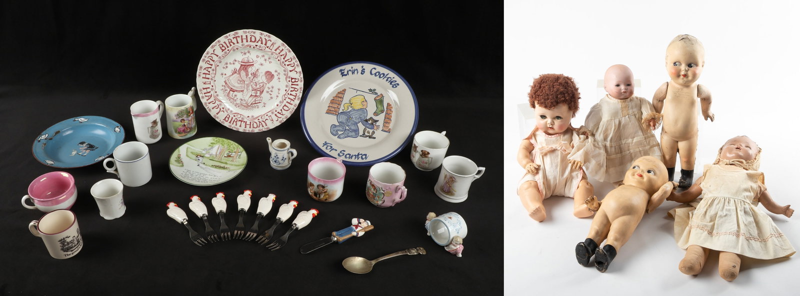 Lot of Child's Dinnerware and (5) Baby dolls: Lot of child's dinnerware, including Heinrich & Co Bavaria "Little Shadow" porcelain plate (6" dia), Royal Crownford Norma Sherman "Happy Birthday from Yesterday's Children" plate (8-3/4"), Louisville