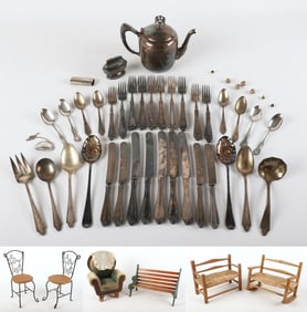 Lot of silver plate items & (6) Pieces of Doll Furniture