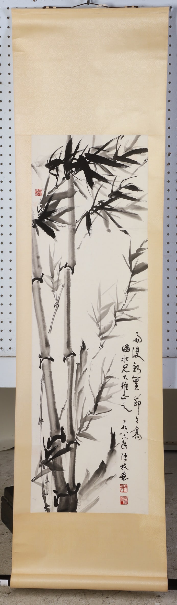Chinese watercolor scroll: Chinese scroll, watercolor on paper, bamboo with calligraphy & seal marks, 42-1/2" x 13-1/4" sight