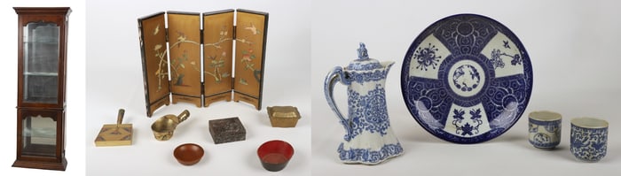 Lot of Asian items and 1-pc walnut finished curio cabinet