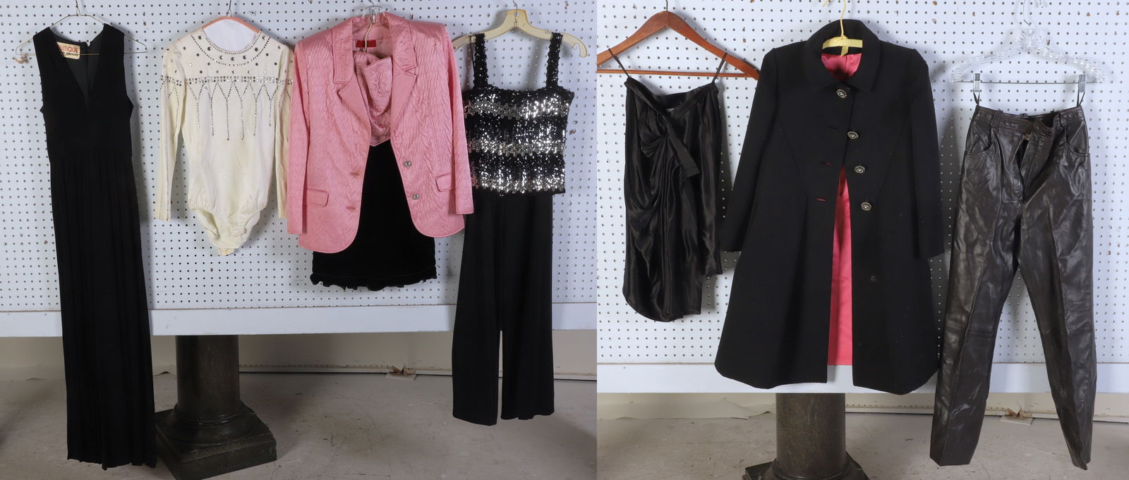 Vintage and Designer Evening wear: Vintage and designer evening wear to include Sant Angelo white stretch bodysuit in rhinestone studded embellishment, spot stains, a Donald Brooks Boutique rayon jumpsuit, S, a Valentino Night 80's pin