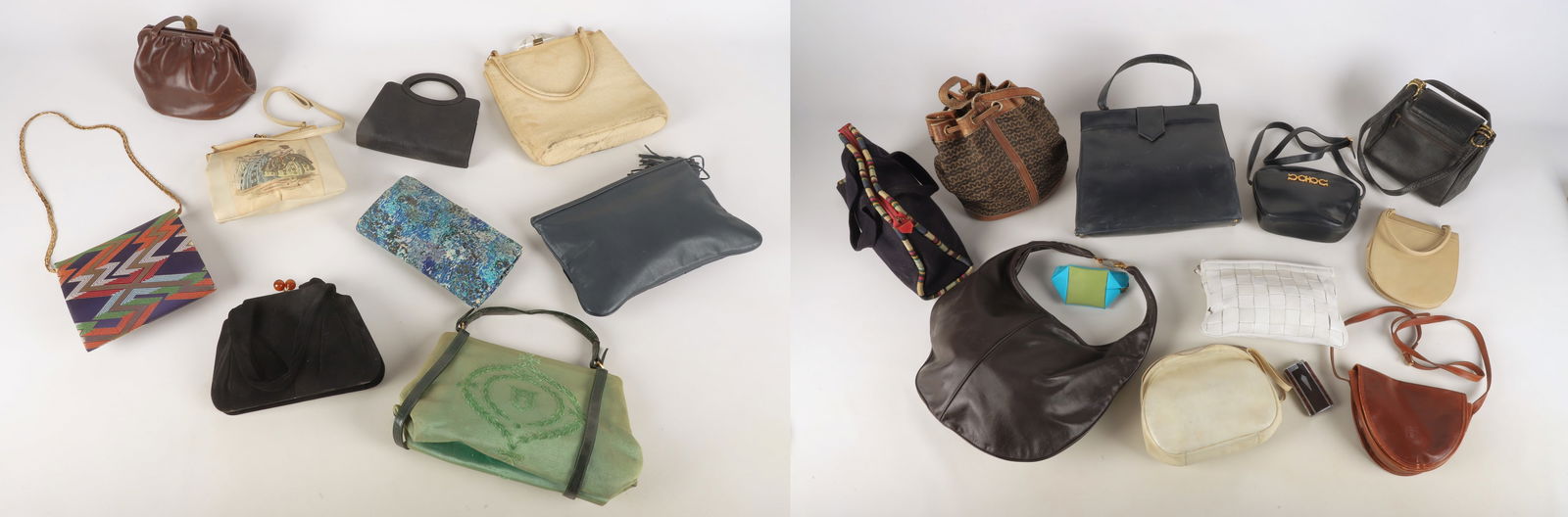 A Collection of Vintage Handbags: A Collection of vintage handbags to include a navy leather Ferragamo shoulder bag with brushed gold hardware, a small Herve Chapelier coin purse, (2) woven leather clutches, a Mark Cross monogrammed b