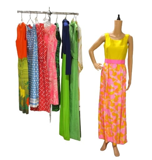 A Collection of 1960/70 Dresses: A Collection of 1960/70 dresses to include a navy and lime green poly maxi dress, S, some small spots to skirt, a printed silk Midge Grant maxi dress, marked 10, 34" bust, 25" waist, metal zip closure