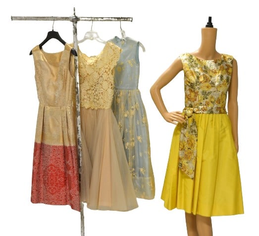 (4) Collection of 1950/60 Party Dresses: (4) Collection of 1950/60 party dresses to include a Frank Starr gold lustre party dress, gathered skirt, metal zip closure at back, 34" bust, 24" waist, a lace bodice chiffon skirt Heleva Barbieri dr